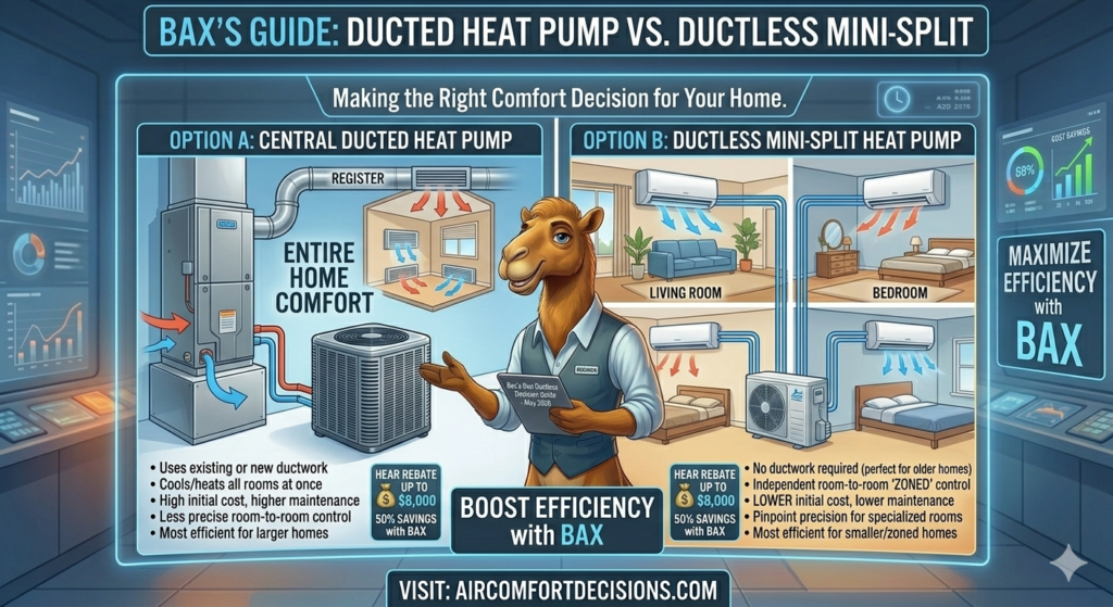 Bax, our camel mascot, explains the difference between a central ducted and ductless mini-split heat pump system