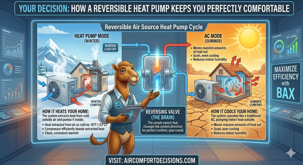 Bax, our camel mascot, explains the benefits or reversible heat pumps